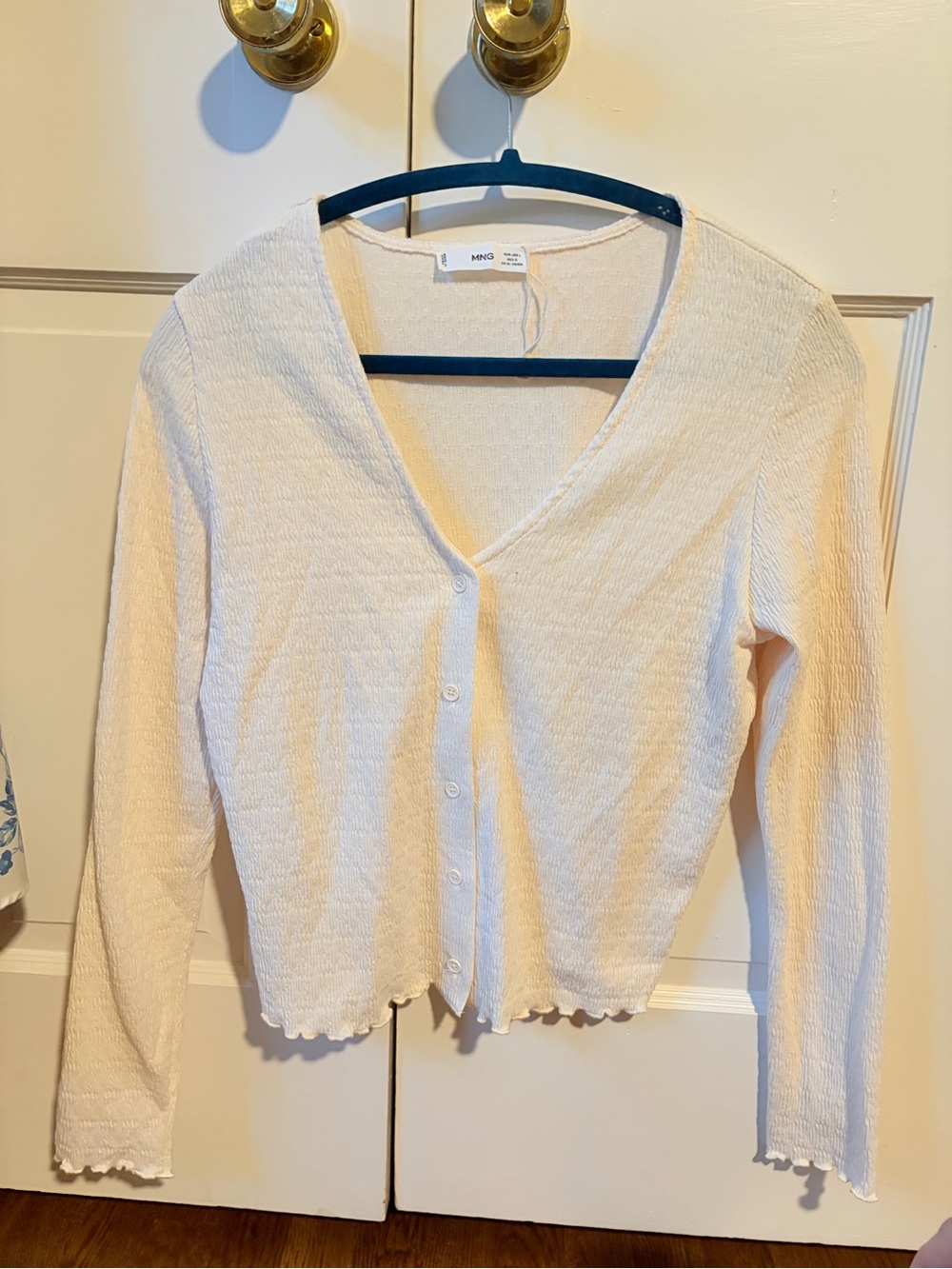 Mango White Button-Front Ribbed V-Neck Cardigan